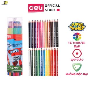 Bút chì màu Super Wings - kèm gọt chì 12 màu/18 màu/24 màu/36 màu - Deli EC00807/EC00817/EC00827/EC00837