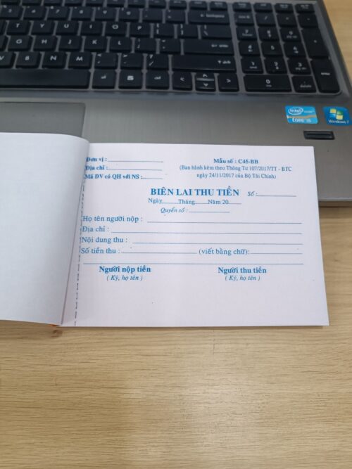 Biên lai thu tiền mẫu số C45-BB quyển 100 tờ chia làm 50 bộ 2 liên