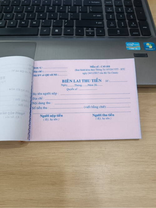 Biên lai thu tiền mẫu số C45-BB quyển 100 tờ chia làm 50 bộ 2 liên